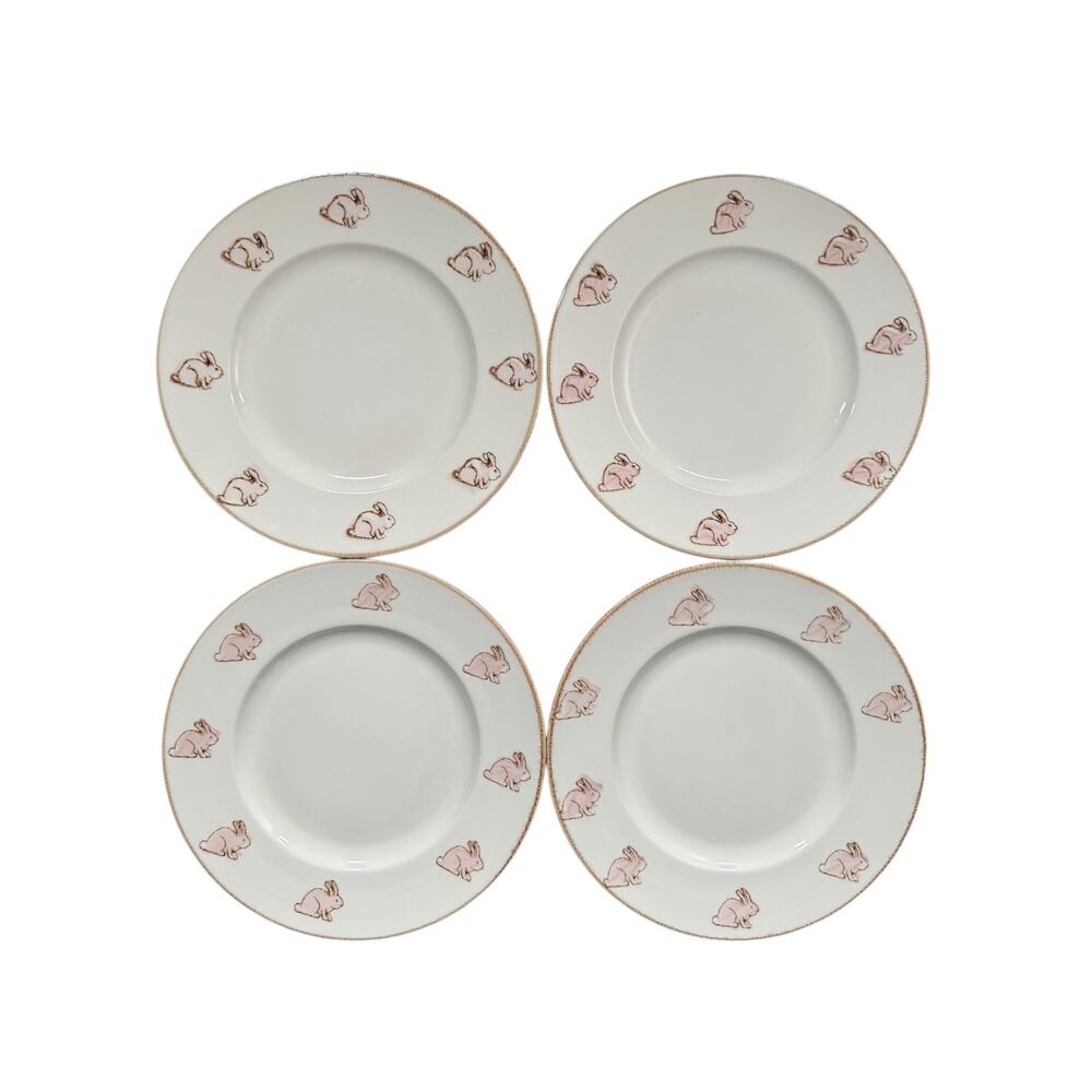 Spring Easter Dinner Plates with Pink Bunnies on the Edge Set of 4